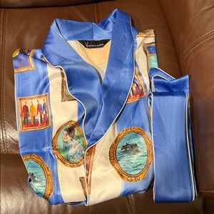 Artistic Blue and Cream Silk Robe
